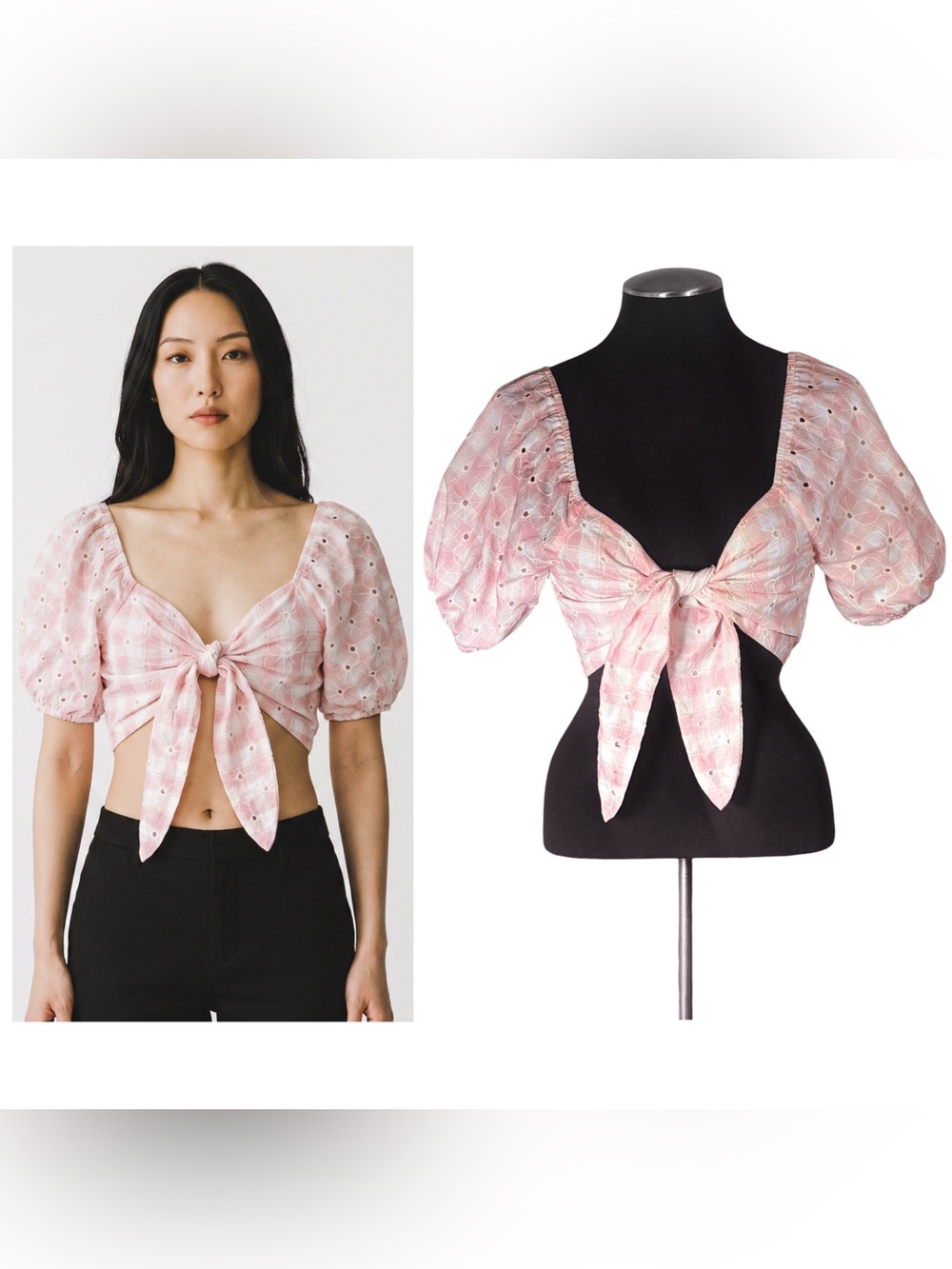 🆕 Altar’d State – Pink Plaid Puff Sleeve Cotton Blend Crop Top – Medium